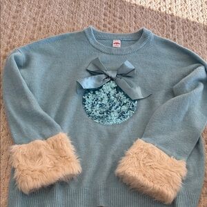 Holiday Time Blue Sweater with Faux Fur Cuffs